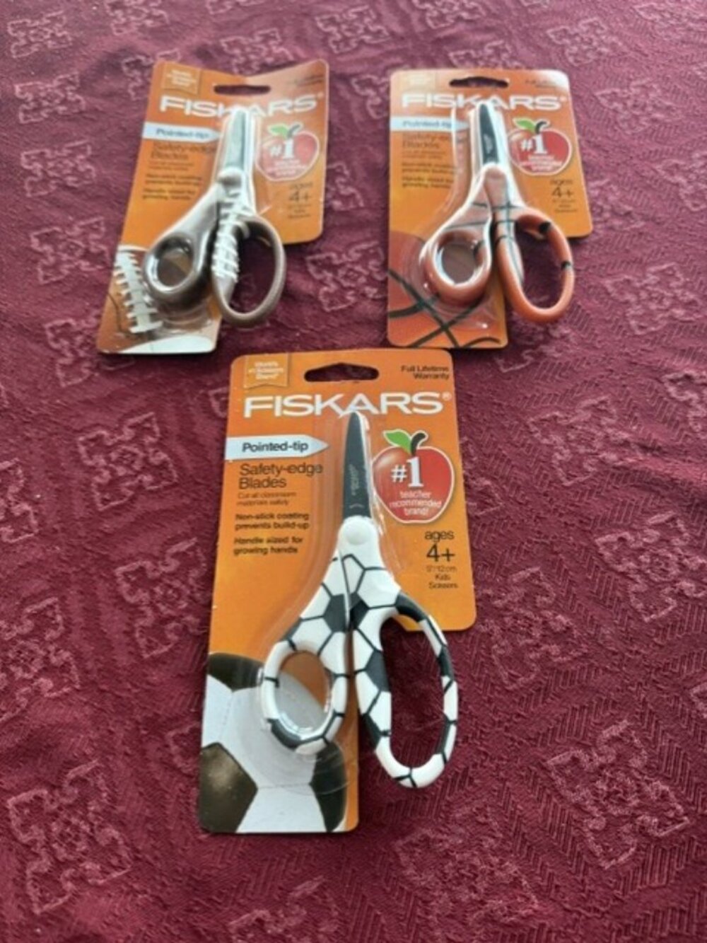 Lot of 3 Fiskars Pointed Tip Sports Theme Safety Edge Scissors NEW